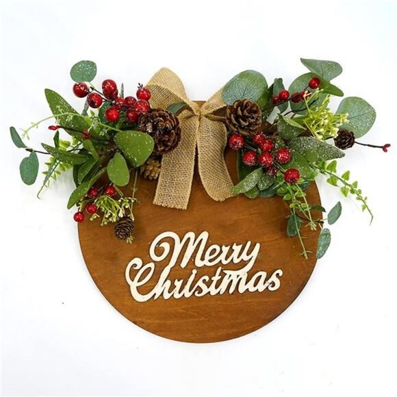 Round Wooden Merry Christmas Wreath with Accents - Picture 6 of 6